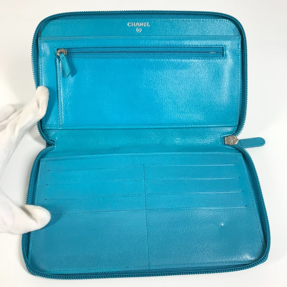 CHANEL Long Wallet Purse leather blue Camellia CC COCO Mark