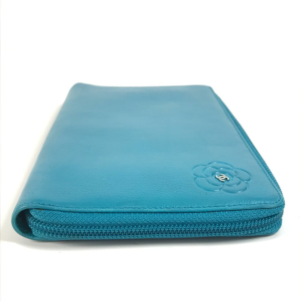 CHANEL Long Wallet Purse leather blue Camellia CC COCO Mark