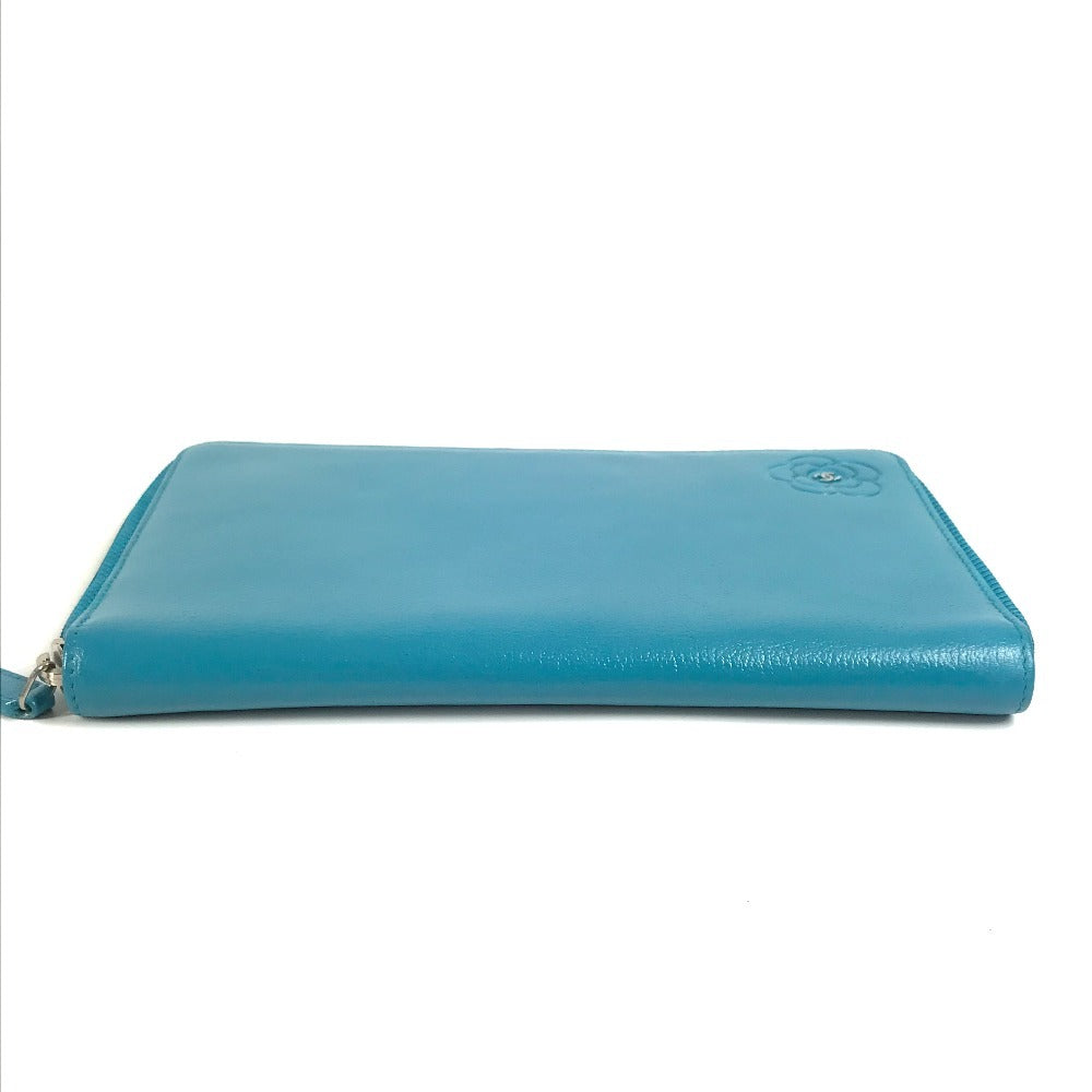 CHANEL Long Wallet Purse leather blue Camellia CC COCO Mark