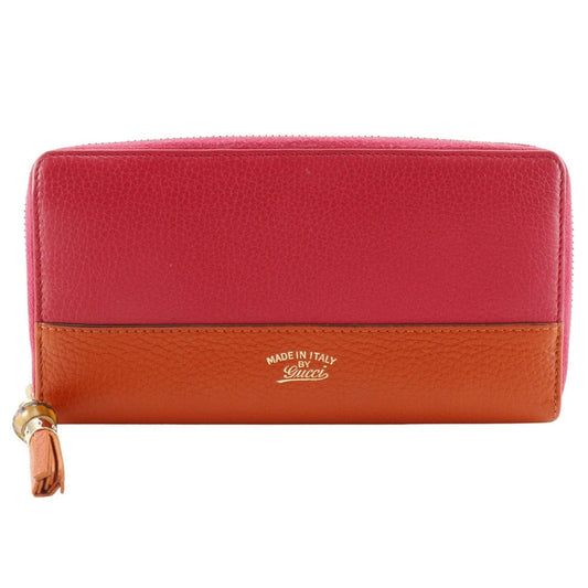 GUCCI Long Wallet Purse 307984 Calfskin Pink / Orange By color Bamboo tassel Zip Around Women Used Authentic