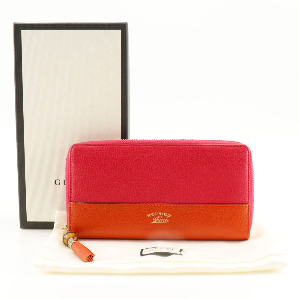 GUCCI Long Wallet Purse 307984 Calfskin Pink / Orange By color Bamboo tassel Zip Around Women Used Authentic