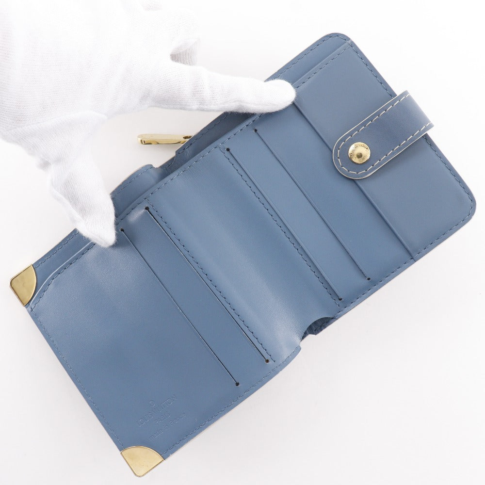 LOUIS VUITTON Bifold Wallet M91829 Goatskin blue Suhali line Compact zip Women Used Authentic
