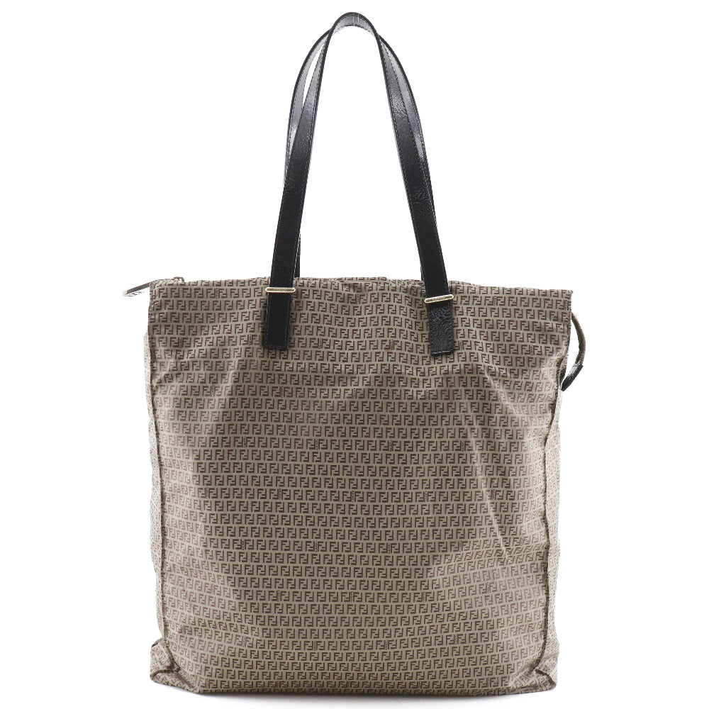 FENDI Tote Bag Nylon, Calfskin Brown micro zucchini Women Used Authentic
