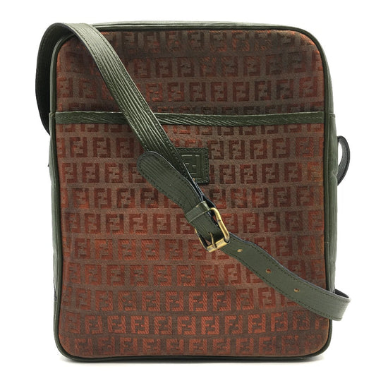 FENDI Shoulder Bag PVC / Leather Khaki x Brown type Zucchino ZuccaPattern logoPattern pochette Vintage old Women Used Authentic