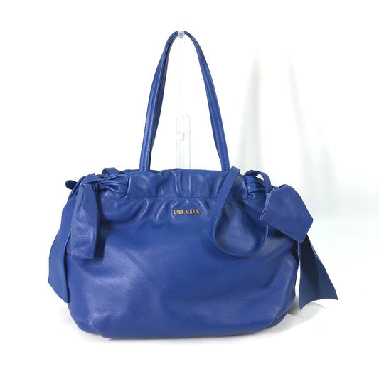PRADA Handbag leather blue logo Crossbody ribbon Women Used Authentic