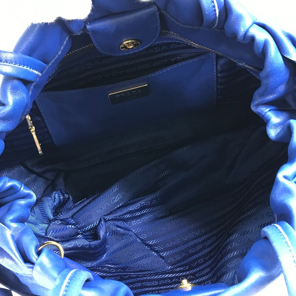 PRADA Handbag leather blue logo Crossbody ribbon Women Used Authentic