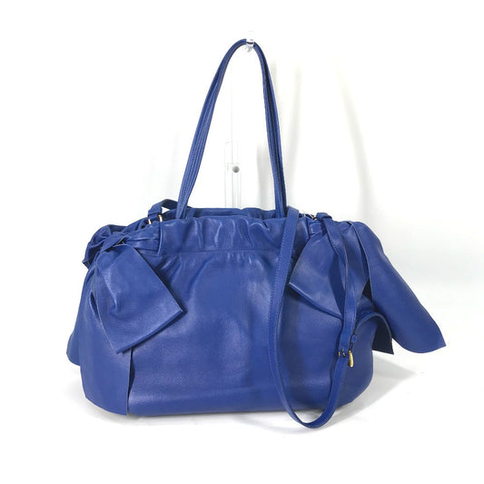 PRADA Handbag leather blue logo Crossbody ribbon Women Used Authentic