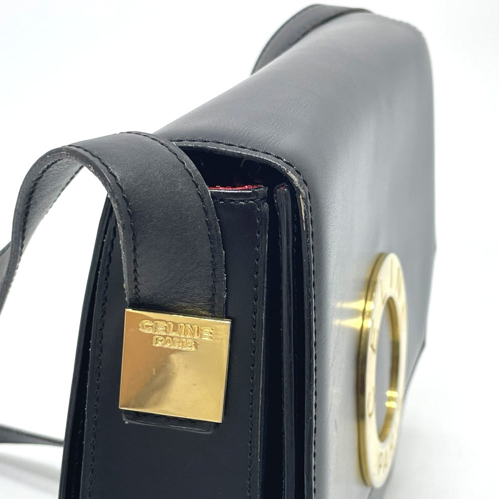 CELINE Shoulder Bag leather black logo accordion Women Used Authentic