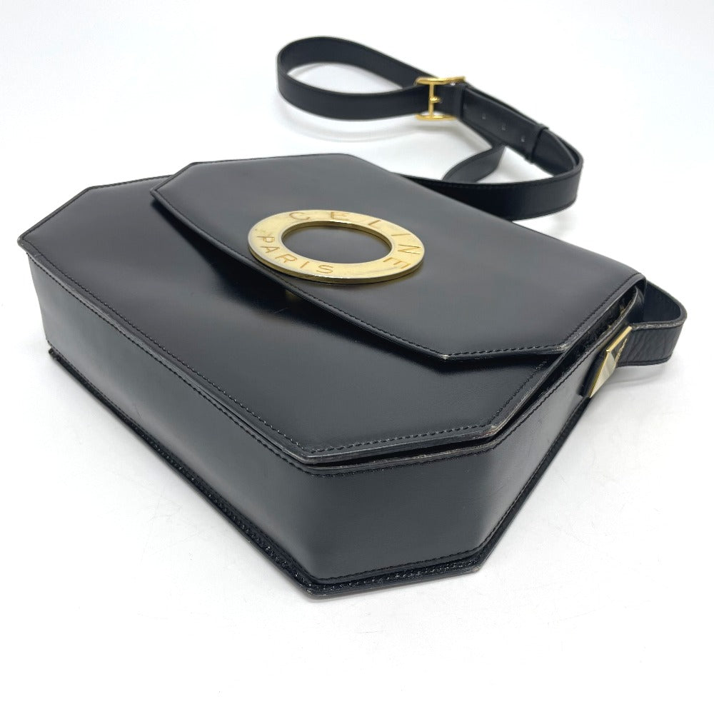 CELINE Shoulder Bag leather black logo accordion Women Used Authentic