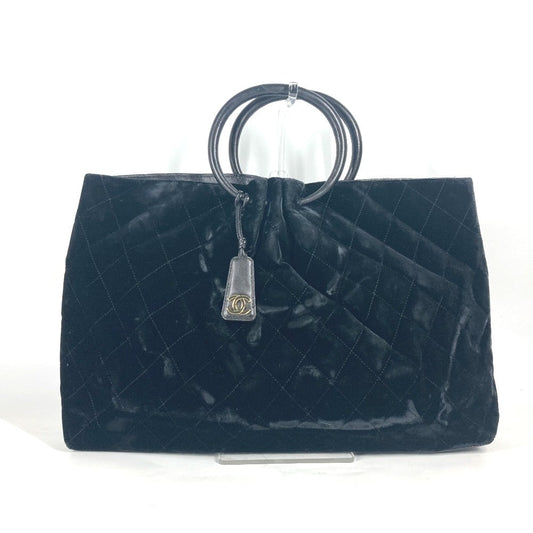 CHANEL Handbag Velour, Leather black Matrasse quilting Round handle Leather handle Women Used Authentic