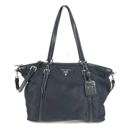 PRADA Shoulder Bag Leather / nylon Navy logo