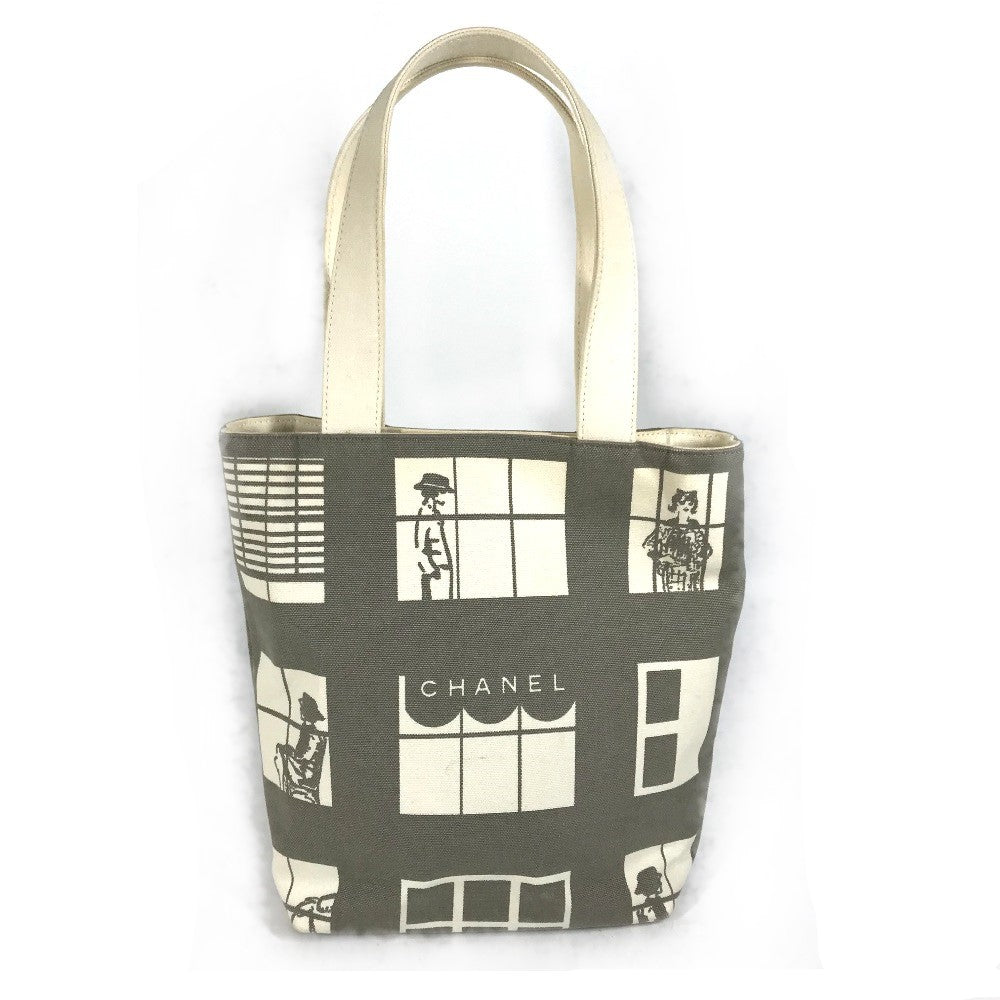 CHANEL Shoulder Bag canvas Gray x white Windows line Handbag Women Used Authentic
