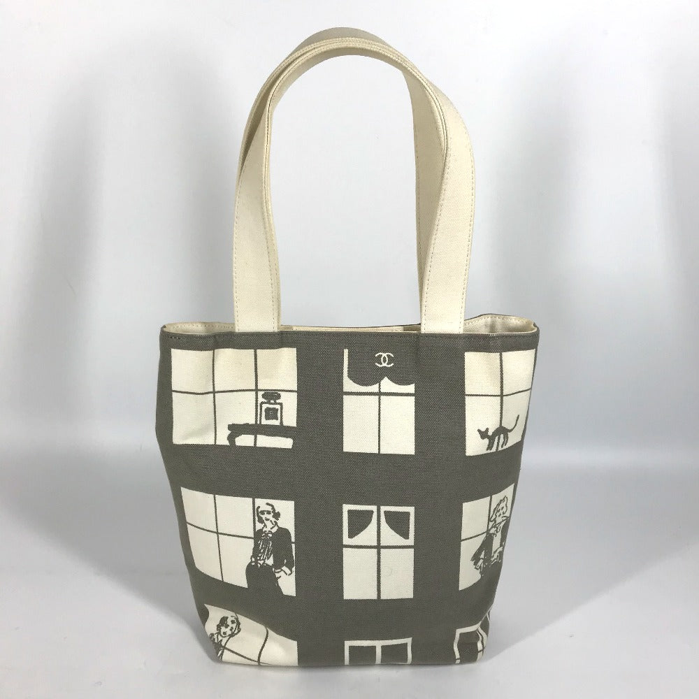 CHANEL Shoulder Bag canvas Gray x white Windows line Handbag Women Used Authentic