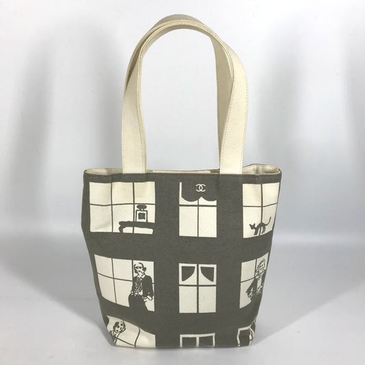 CHANEL Shoulder Bag canvas Gray x white Windows line Handbag Women Used Authentic