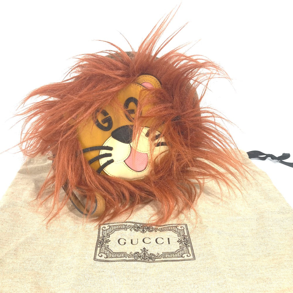 GUCCI Clutch bag 704806 Fur, Leather, Suede Brown GG Lion Lion Round Women Used Authentic