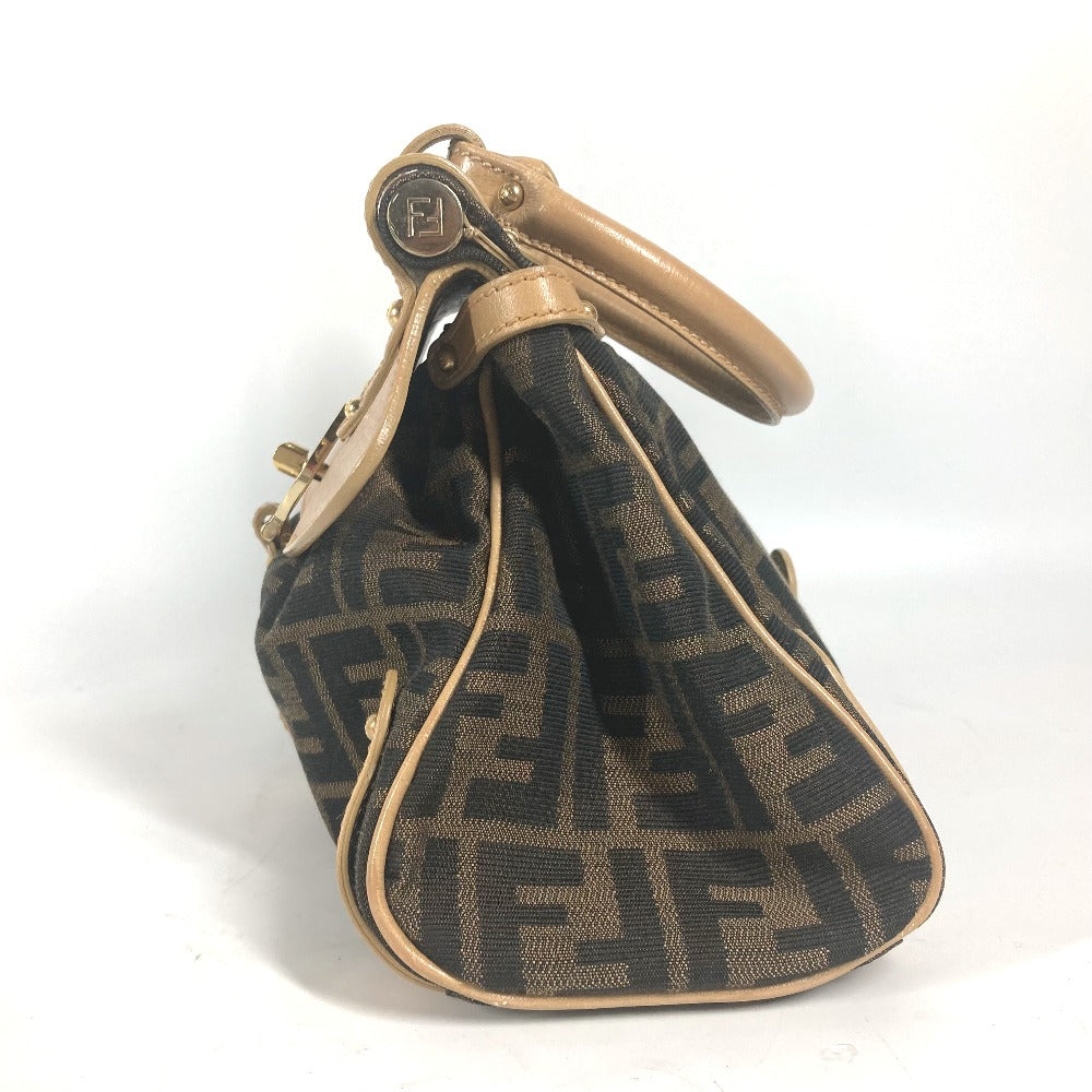 FENDI Handbag Leather / canvas Brown Turn lock Zucca Women Used Authentic