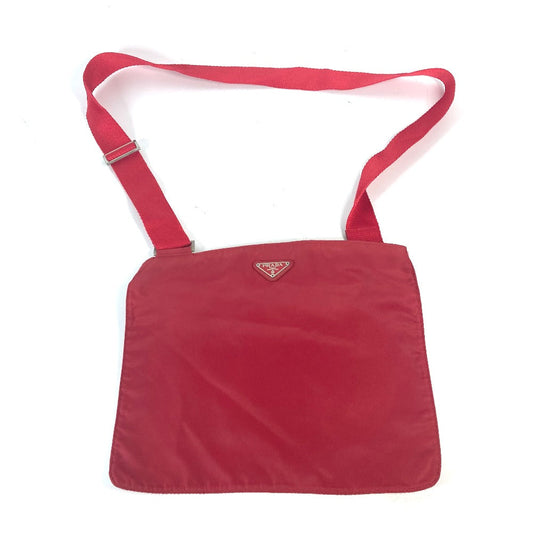 PRADA Shoulder Bag Nylon Red Pochette Triangle logo plate Women Used Authentic