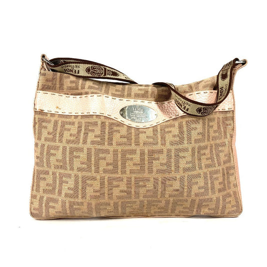 FENDI Shoulder Bag Leather / canvas Pink beige type Selleria logo Zucca Women Used Authentic