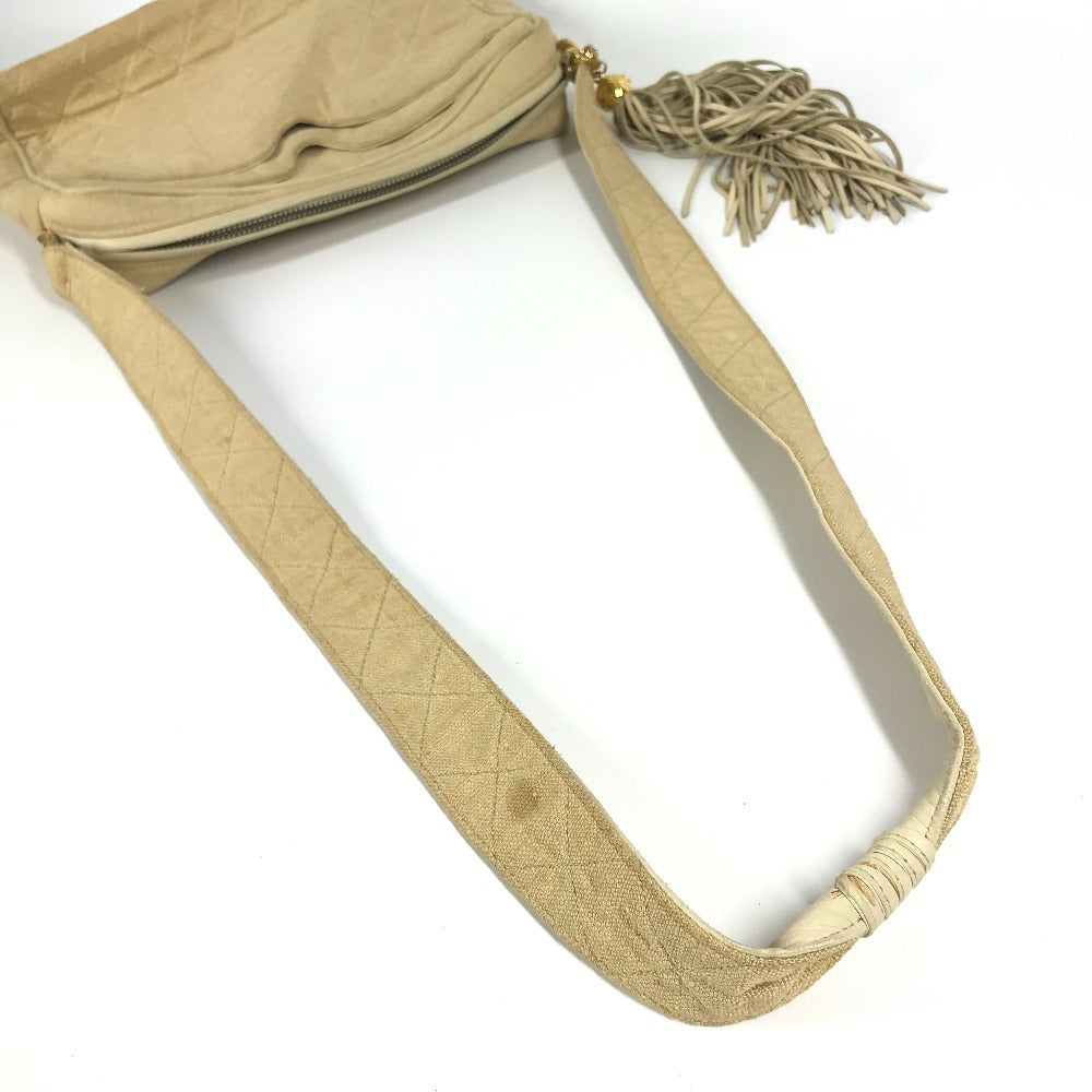 CHANEL Shoulder Bag canvas beige vintage logo matelassé quilted fringe tassel
