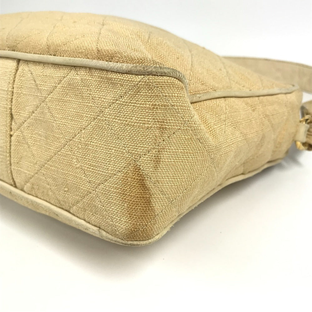 CHANEL Shoulder Bag canvas beige vintage logo matelassé quilted fringe tassel