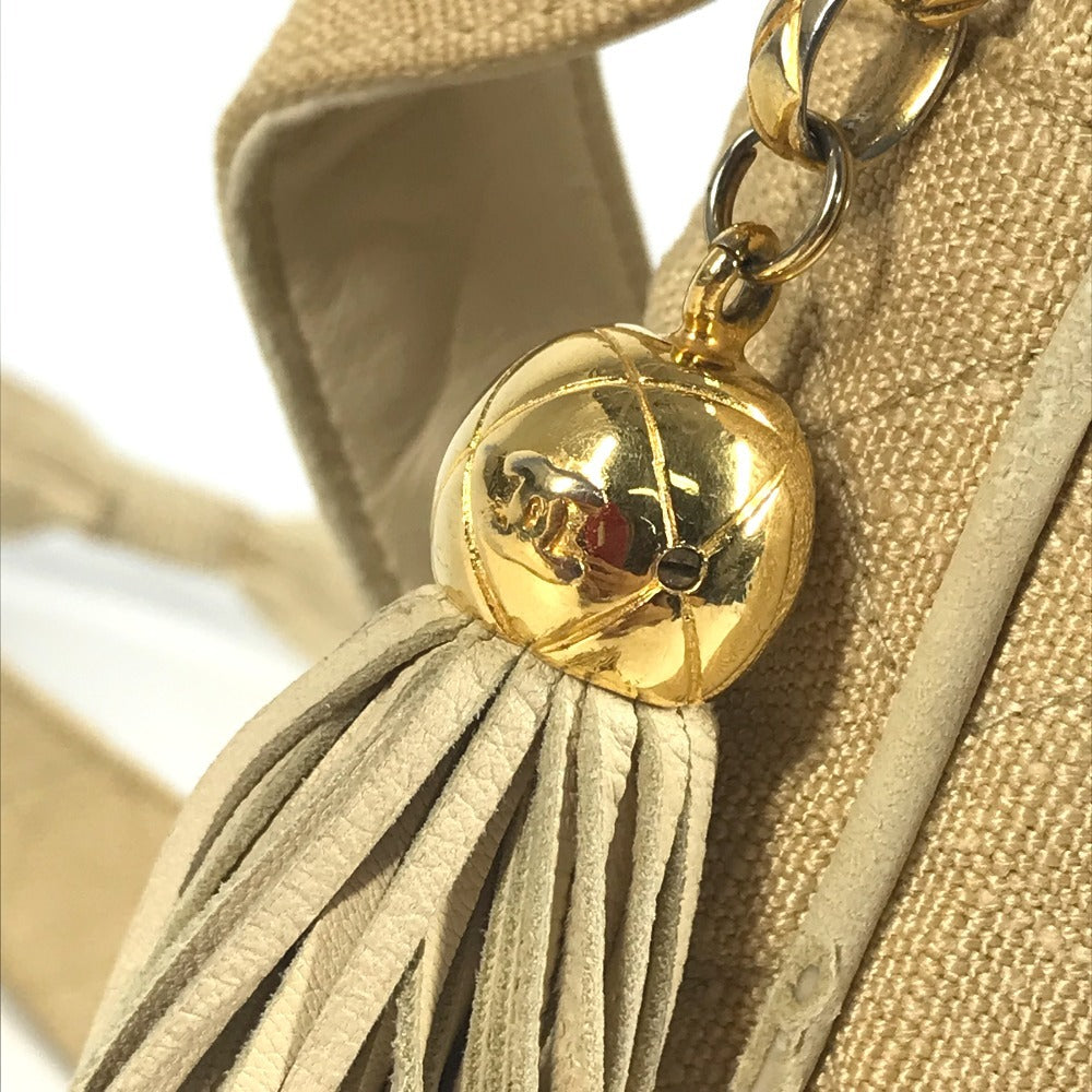 CHANEL Shoulder Bag canvas beige vintage logo matelassé quilted fringe tassel