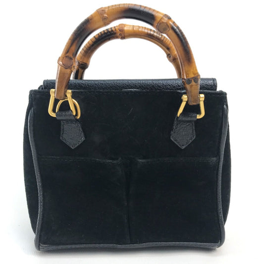 GUCCI Shoulder Bag Suede / leather Black x brown Pochette Bamboo Women Used Authentic