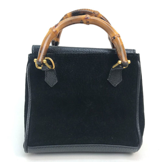 GUCCI Shoulder Bag Suede / leather Black x brown Pochette Bamboo Women Used Authentic