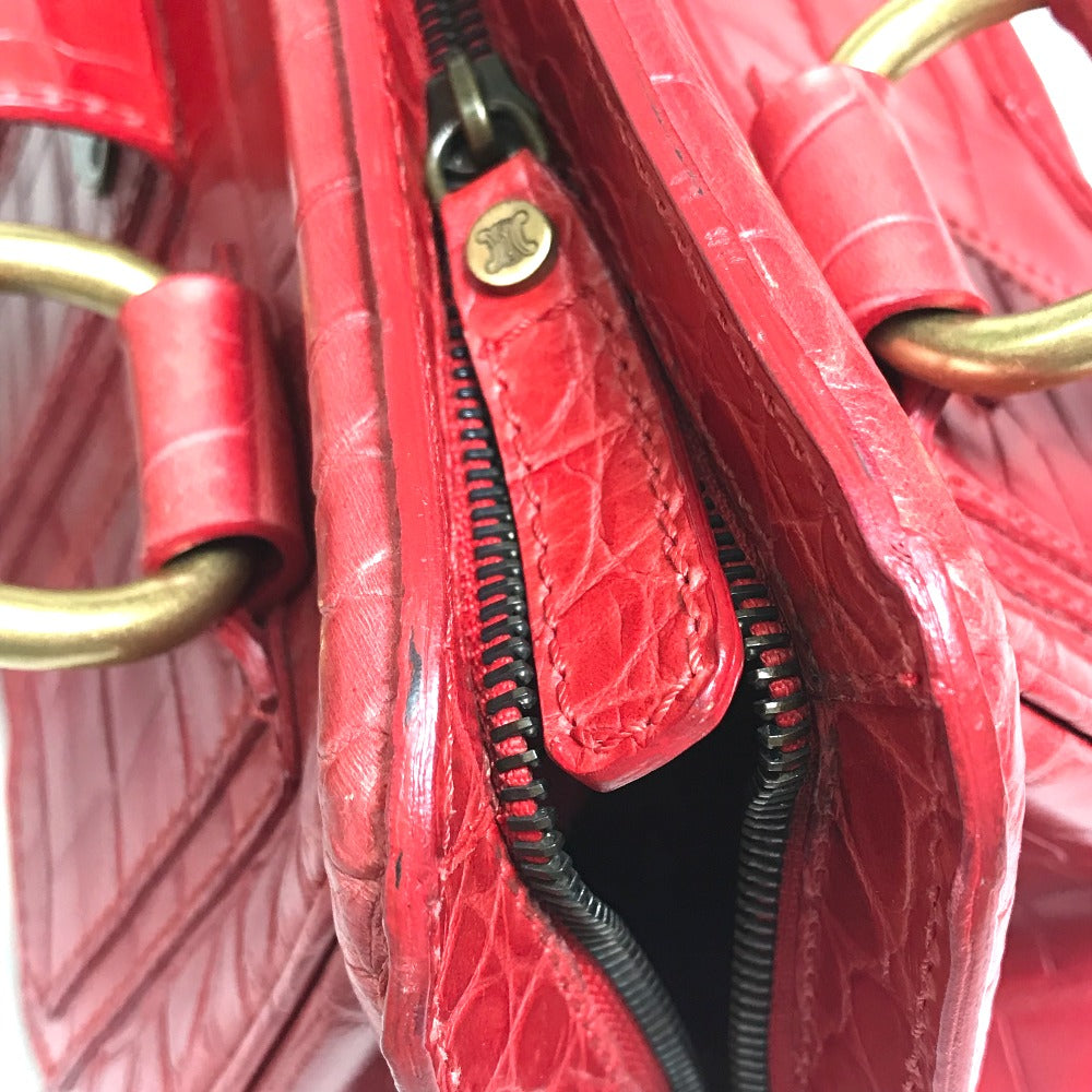 CELINE Handbag leather Red belt Embossing Women Used Authentic