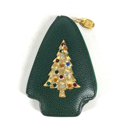 CELINE Pouch leather green Rhinestone tree Women Used Authentic