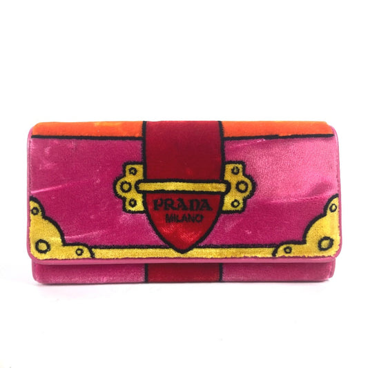 PRADA Long Wallet Purse 1MH019 velvet pink Long wallet logo Women Used Authentic