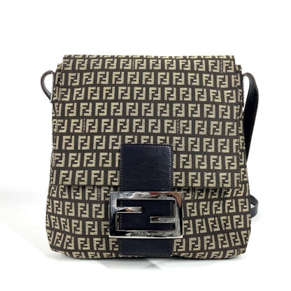 FENDI Shoulder Bag Leather / canvas Brown Zucchino FF logo