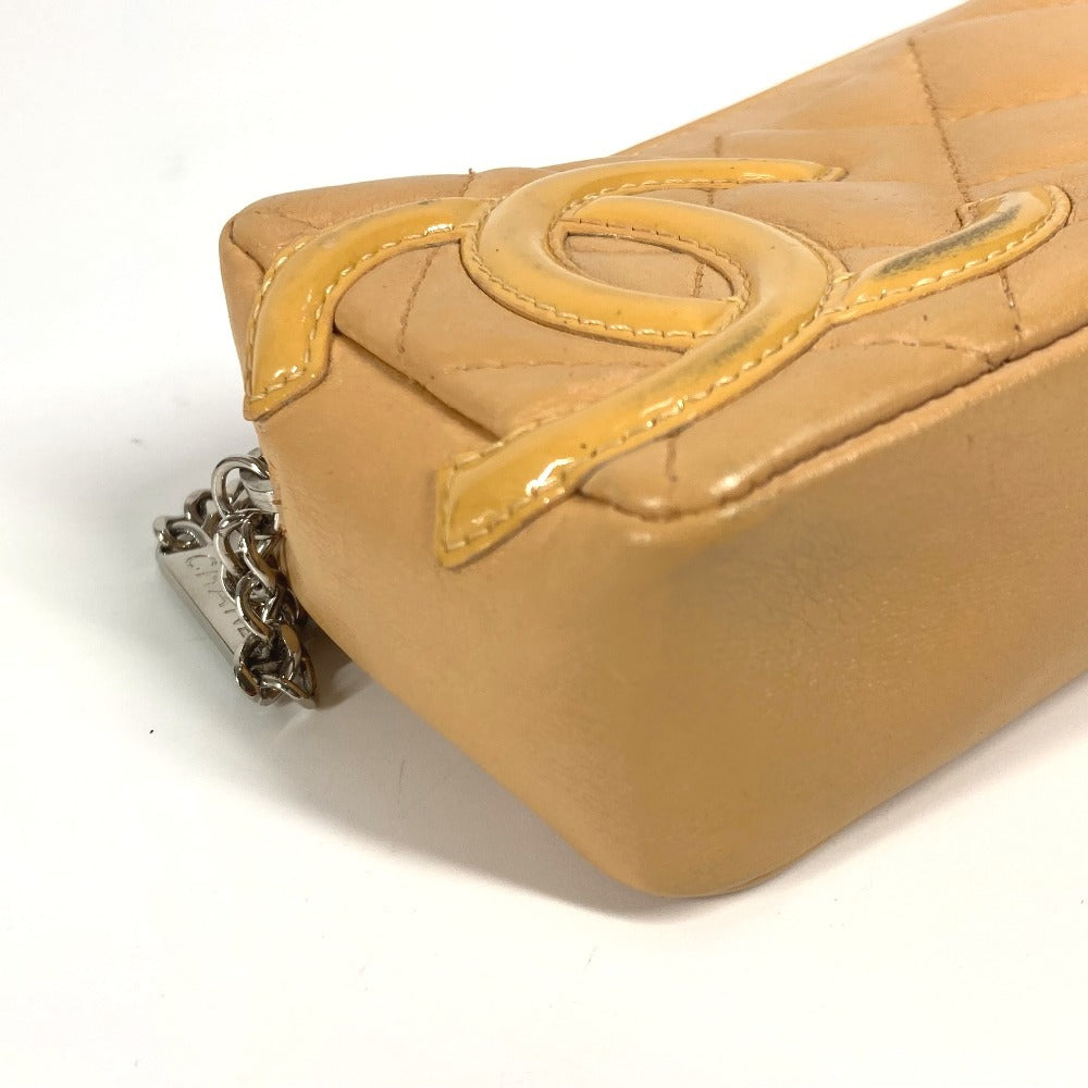 CHANEL Pouch leather beige Cambon line CC COCO Mark Women Used Authentic