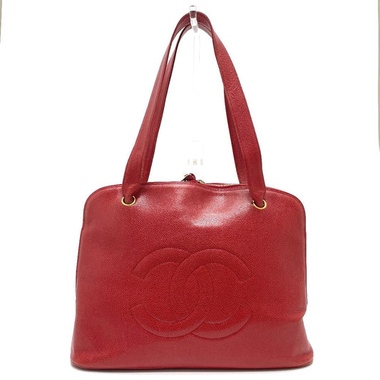 CHANEL Shoulder Bag Caviar skin Red CC COCO Mark Ball charm Women Used Authentic