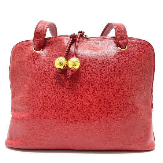 CHANEL Shoulder Bag Caviar skin Red CC COCO Mark Ball charm Women Used Authentic