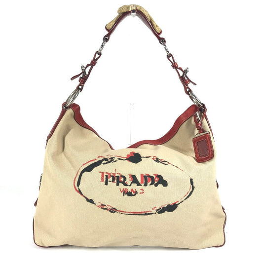 PRADA Shoulder Bag Leather / canvas Red logo