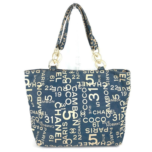 CHANEL Tote Bag canvas Navy Bysy line logo