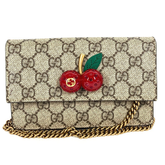 GUCCI Shoulder Bag 481291 GG Supreme canvas, leather beige GG Supreme GG Cherry Rhinestone Logo