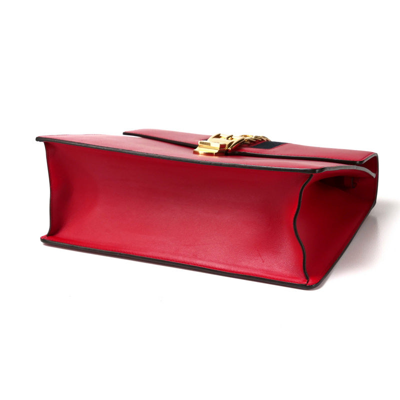 GUCCI Handbag 431665 Genuine Leather Red/Metal: Gold/Web ribbon: Navy x Red Sherry line SYLVIE Women Used Authentic