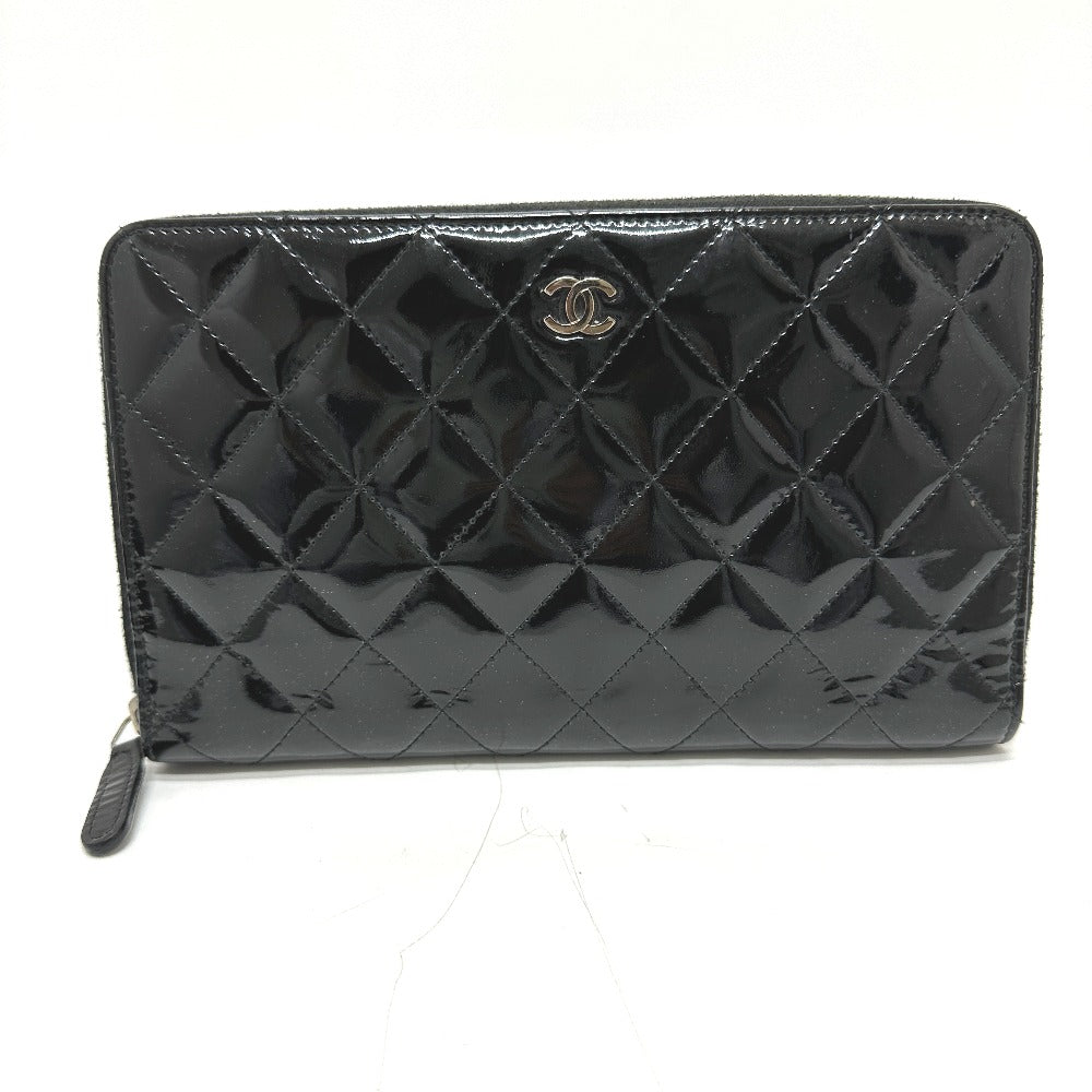 CHANEL Long Wallet Purse Patent calf leather black Matrasse Women Used Authentic