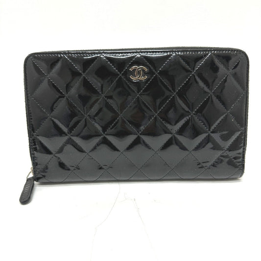 CHANEL Long Wallet Purse Patent calf leather black Matrasse Women Used Authentic
