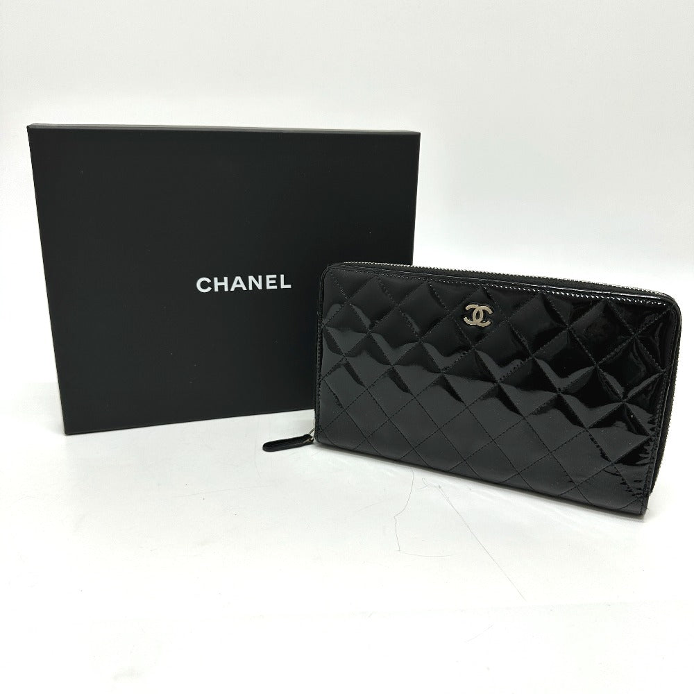 CHANEL Long Wallet Purse Patent calf leather black Matrasse Women Used Authentic