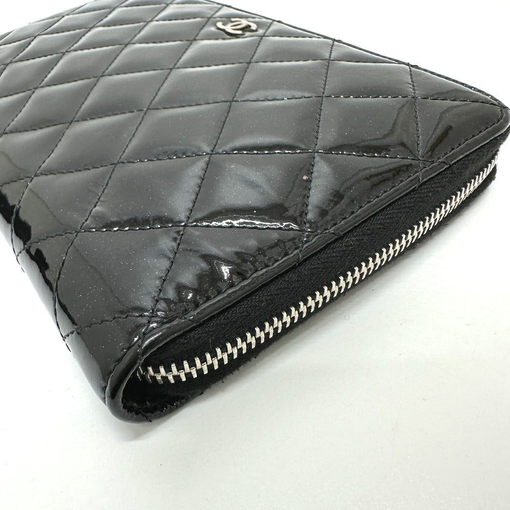CHANEL Long Wallet Purse Patent calf leather black Matrasse Women Used Authentic