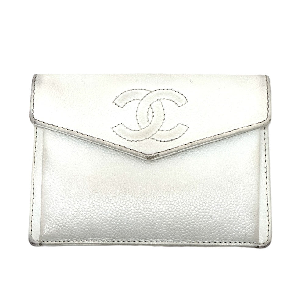 CHANEL Folded wallet Caviar skin white COCO Mark Women Used Authentic