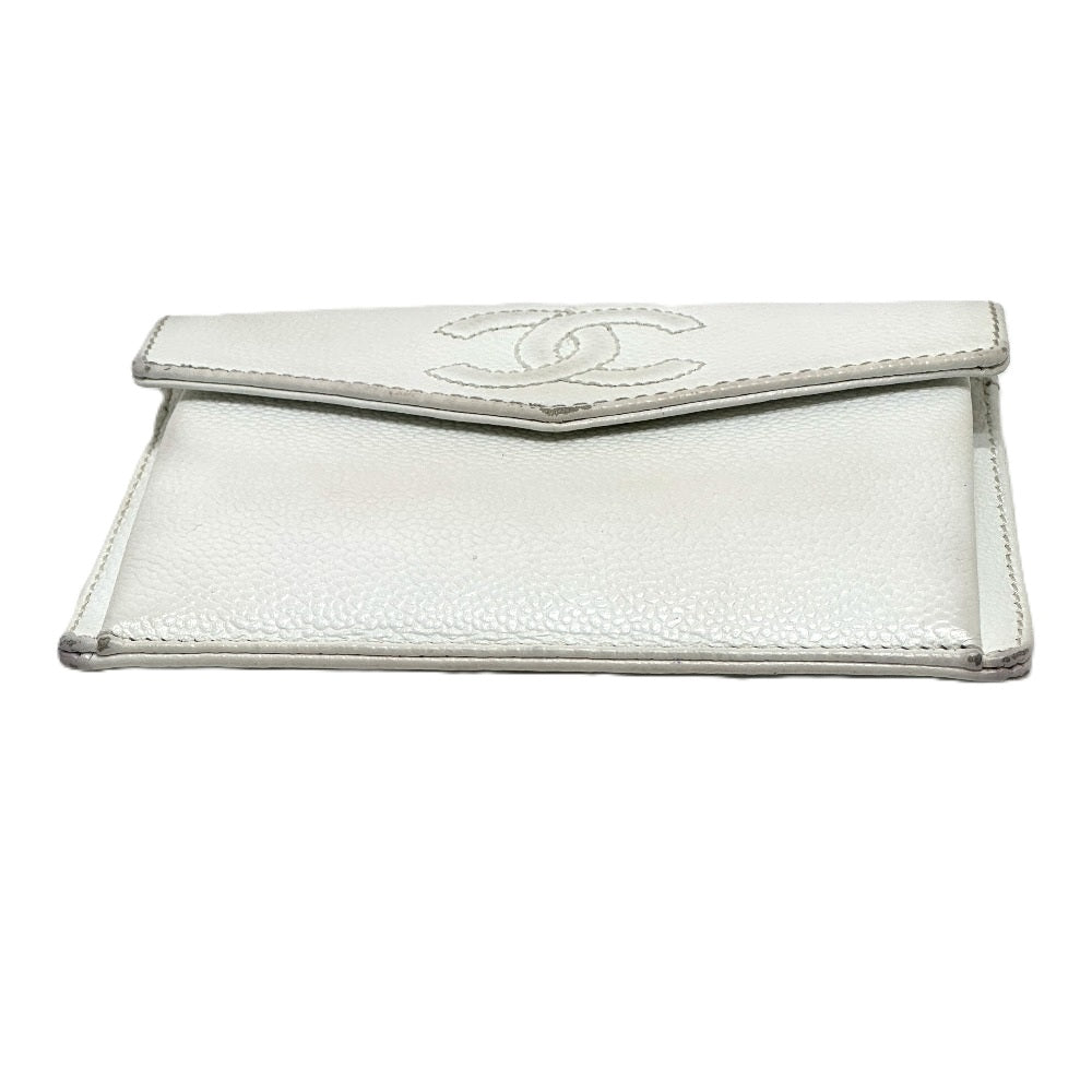 CHANEL Folded wallet Caviar skin white COCO Mark Women Used Authentic
