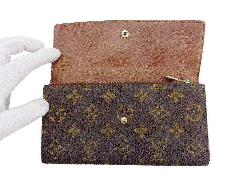 LOUIS VUITTON Long Wallet Purse M61724 Brown beige gold Pochette Porto MonÃ©credi