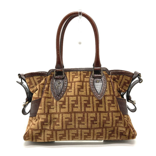 FENDI Handbag Leather / suede Brown ZUCCA FFPattern logo Etnico Women Used Authentic