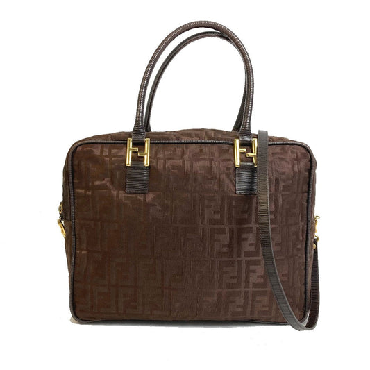 FENDI Tote Bag Nylon / leather Brown Zucca FF pattern Women Used Authentic