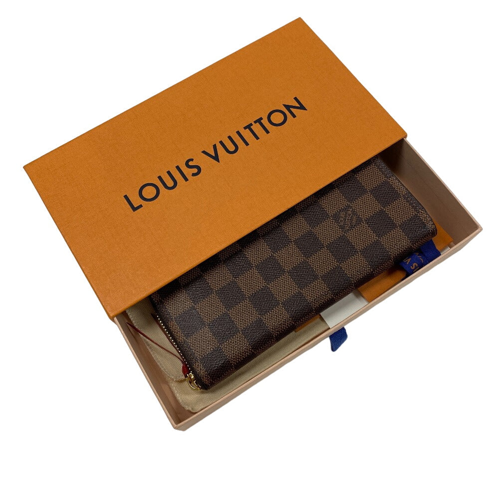LOUIS VUITTON Long Wallet Purse N60534 leather Brown Zip Around Damier Portefeuille Clemence Women Used Authentic