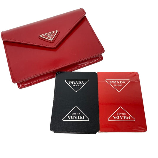 PRADA Pouch Leather, Paper Red Playing cards unisex(Unisex) Used Authentic
