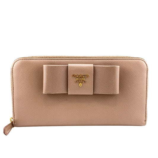 PRADA Long Wallet Purse 1ML506 leather beige Zip Around Safiano Ribbon Women Used Authentic